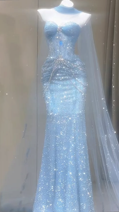 Sweetheart Mermaid Tulle Long Prom Dresses Blue Formal Evening Dress Bodycon For Girls Women N4103