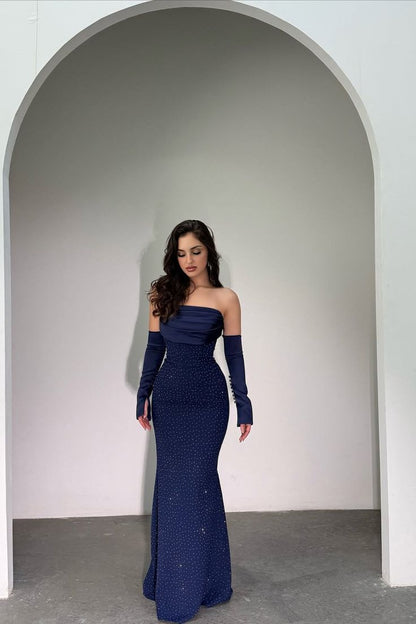 Robe de bal sirène bustier bleu marine foncé élégante, manches amovibles ornées de perles et fermeture éclair, robe de soirée AB1925