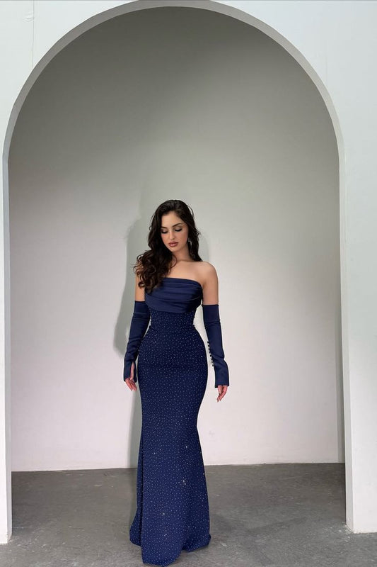 Classy Dark Navy Strapless Mermaid Prom Dress Detachable Sleeves With Beads Zipper Formal Gowns AB1925
