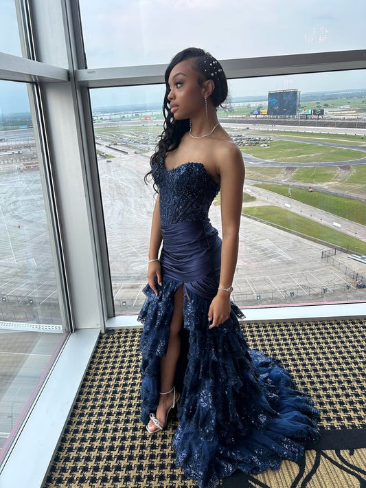 Princess Mermaid Sweetheart Navy Blue Long Prom Dresses Party Dress 18th Birthday Outfits Graduation Gown N884