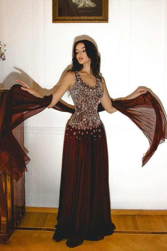 Einzigartiges A-Linien-Abendkleid mit V-Ausschnitt, burgunderroten Perlen und Schal, Inspiration für formelle Abendgarderobe AB1395