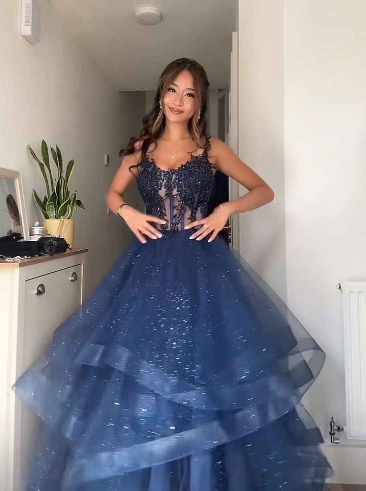 Robe de bal sobre à fines bretelles, bleu marine, en tulle et dentelle, longue, pour adolescentes, AB1440