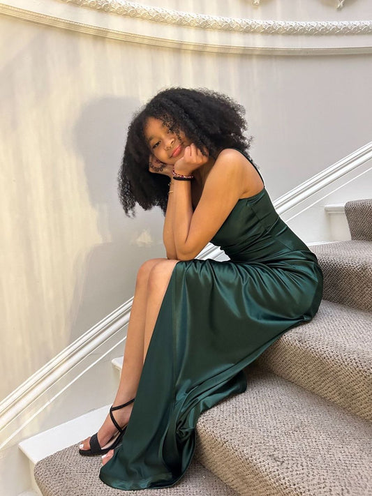 Robe de bal sirène simple à bretelles spaghetti en satin vert foncé fendue pour adolescentes - Tenue de soirée - Robe de bal AB1035