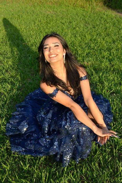 Robe de bal scintillante à épaules dénudées avec fente en dentelle pour adolescentes, robe de soirée longue à sequins N792