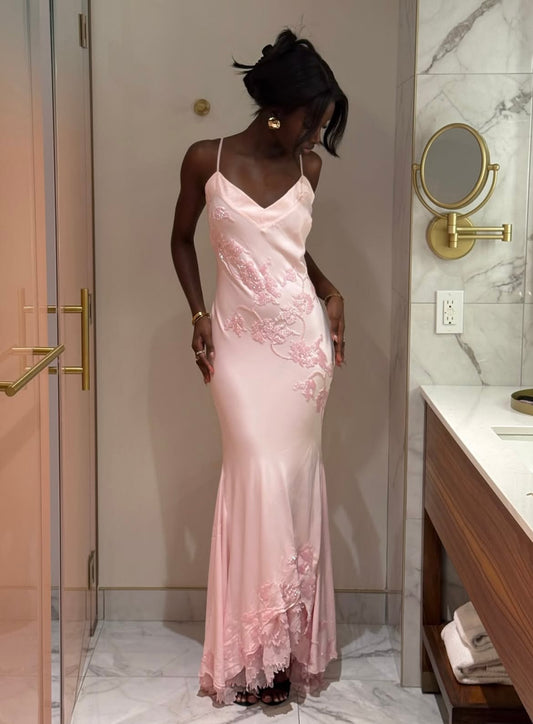 Modest Night Aesthetic Mermaid Spaghetti Straps Pink Satin College Formal Outfit Long Prom Graduation Dresses For Teens N1138