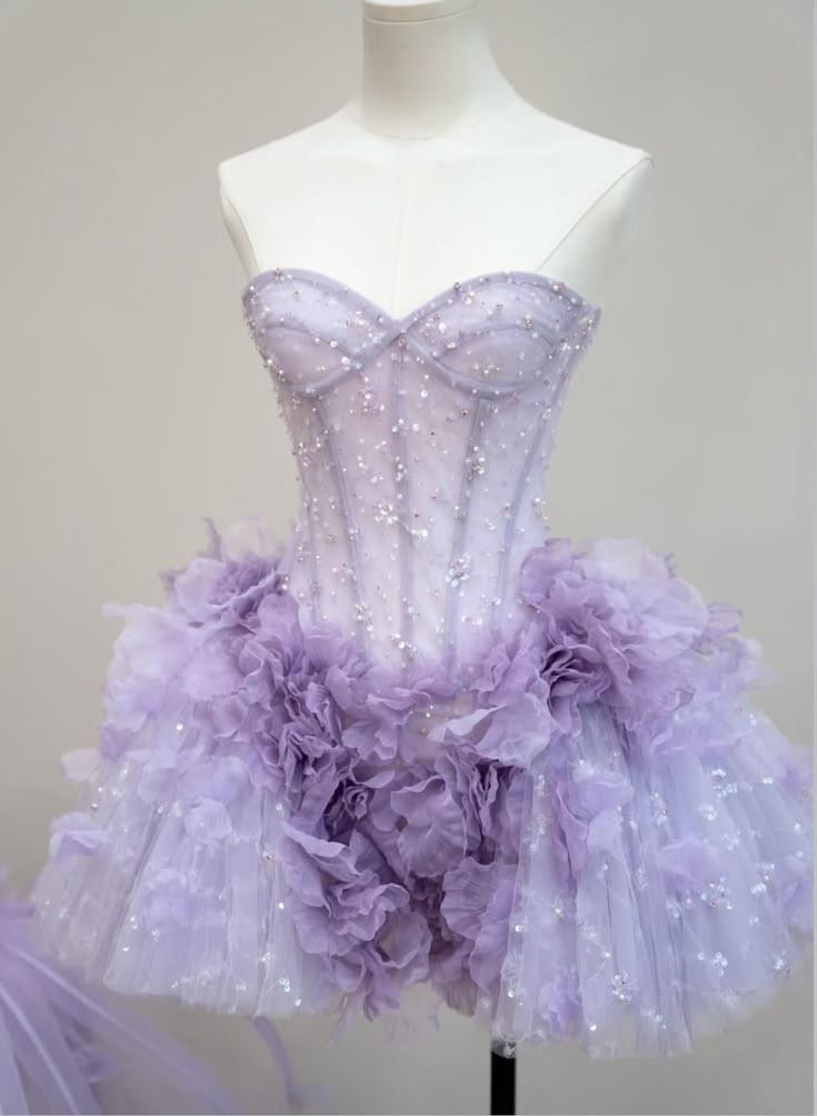 Pastel Purple Ruffle Tiered Mini Dress Ball Gown Sweetheart Homecoming Dress With Flowers RB6436