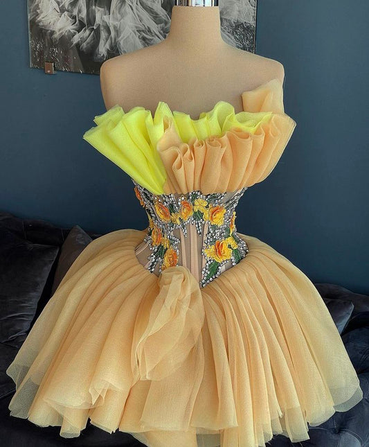 Sexy Ball Gown Strapless Yellow Lace Tulle Mini Short Hoco 20th Birthday Dress Homecoming Dresses RB4157
