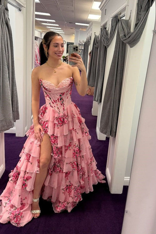 Robe de bal corset rose à fleurs, robe de soirée longue en mousseline à volants et fente, modèle AB508