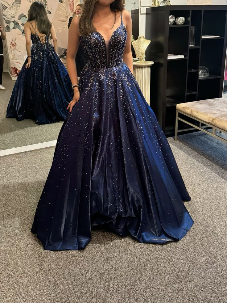 Modest A Line Spaghetti Straps Navy Blue Satin With Beadings Backless Party Long Prom Dresses AB1611