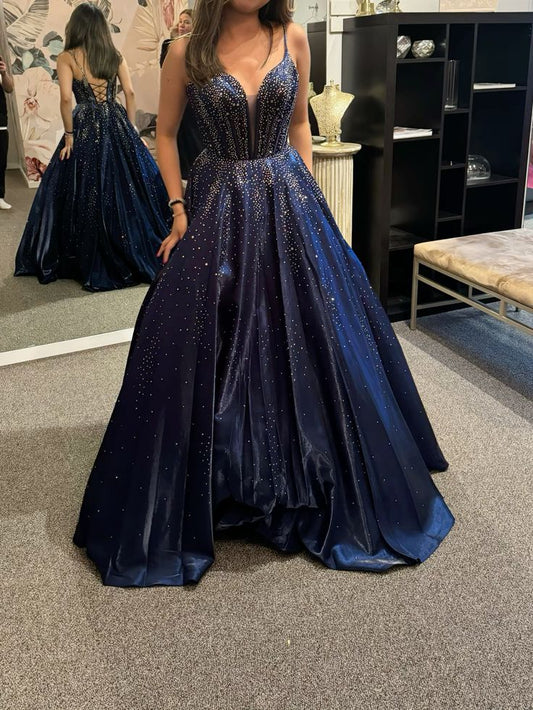 Modest A Line Spaghetti Straps Navy Blue Satin With Beadings Backless Party Long Prom Dresses AB1611