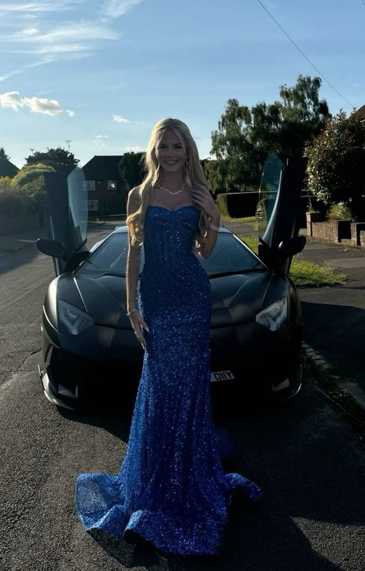 Sparkly Mermaid Spaghetti Straps Sleeveless Royal Blue Long Formal Dresses Sequins Prom Dress AB949
