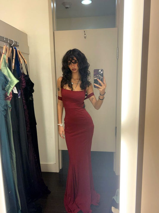 Sexy Mermaid Burgundy Satin With Scarf Prom Dresses Party Dress 21st Birthday Outfits Graduation Dress AB1441