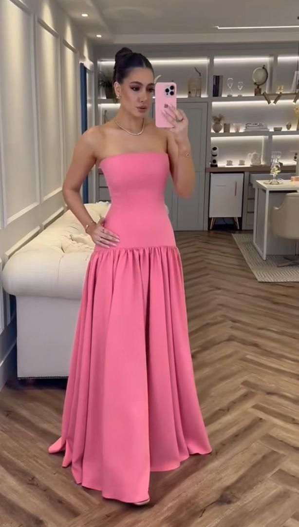 Sexy Pink Prom Dress Aesthetic Classy A line Strapless Sleeveless Satin Prom Gowns AB258