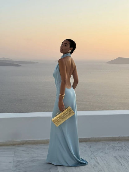 Robe longue de bal de sirène simple à col montant, bleu ciel clair, en satin, d'inspiration estivale, pour invitées de mariage N2486