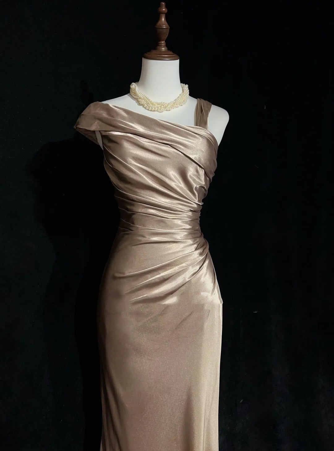 Retro-Abendkleid, Vintage-Ballkleid, Meerjungfrauenform, Champagner, mit Falten, lang, 90er-Jahre, formelle Outfits N2320