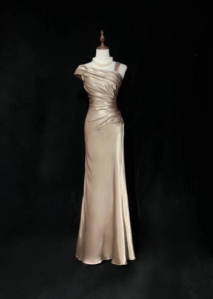 Retro-Abendkleid, Vintage-Ballkleid, Meerjungfrauenform, Champagner, mit Falten, lang, 90er-Jahre, formelle Outfits N2320