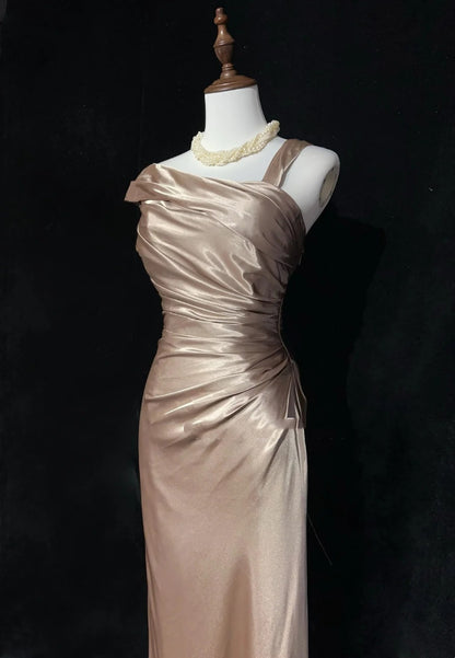 Retro-Abendkleid, Vintage-Ballkleid, Meerjungfrauenform, Champagner, mit Falten, lang, 90er-Jahre, formelle Outfits N2320