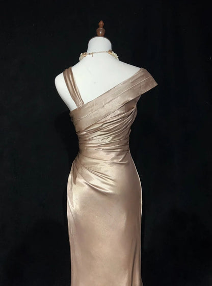 Retro-Abendkleid, Vintage-Ballkleid, Meerjungfrauenform, Champagner, mit Falten, lang, 90er-Jahre, formelle Outfits N2320