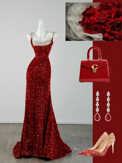 Elegantes, langes Meerjungfrauen-Kleid mit Spaghettiträgern und roten Pailletten – perfekt für Partys und Abschlussbälle – formelles Partykleid N940