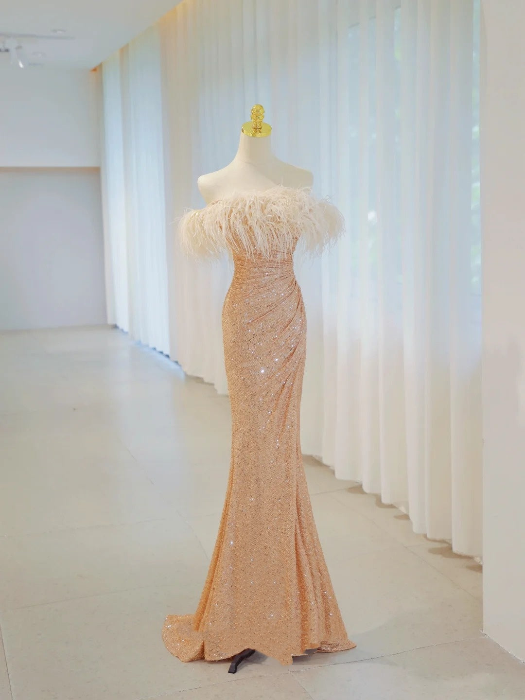 Robe de soirée longue sirène scintillante à épaules dénudées, à sequins dorés, tenues d'anniversaire, robe de bal N2843
