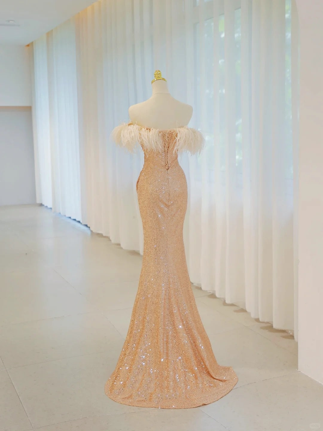 Robe de soirée longue sirène scintillante à épaules dénudées, à sequins dorés, tenues d'anniversaire, robe de bal N2843