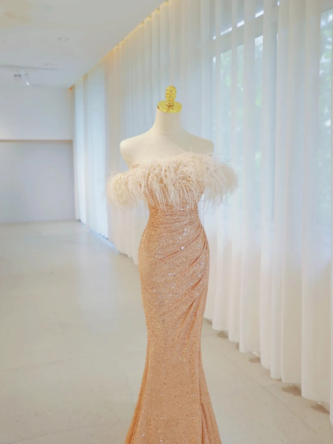 Robe de soirée longue sirène scintillante à épaules dénudées, à sequins dorés, tenues d'anniversaire, robe de bal N2843