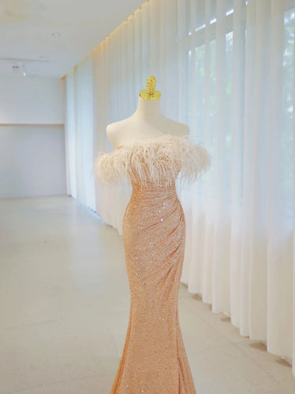 Robe de soirée longue sirène scintillante à épaules dénudées, à sequins dorés, tenues d'anniversaire, robe de bal N2843
