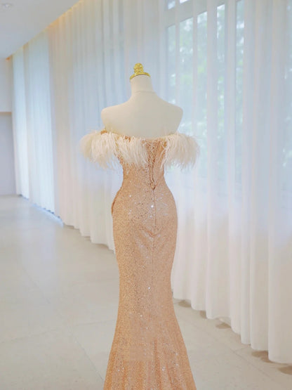 Robe de soirée longue sirène scintillante à épaules dénudées, à sequins dorés, tenues d'anniversaire, robe de bal N2843