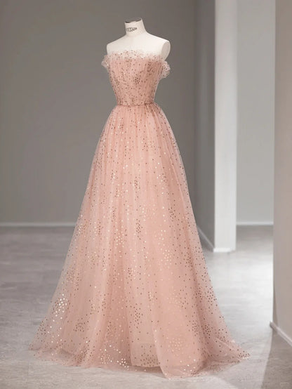 Sweet A line Strapless Pink Tulle Sleeveless Long Prom Dresses Formal Outfits RB3985