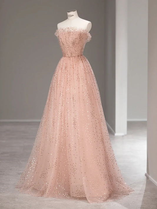 Sweet A line Strapless Pink Tulle Sleeveless Long Prom Dresses Formal Outfits RB3985