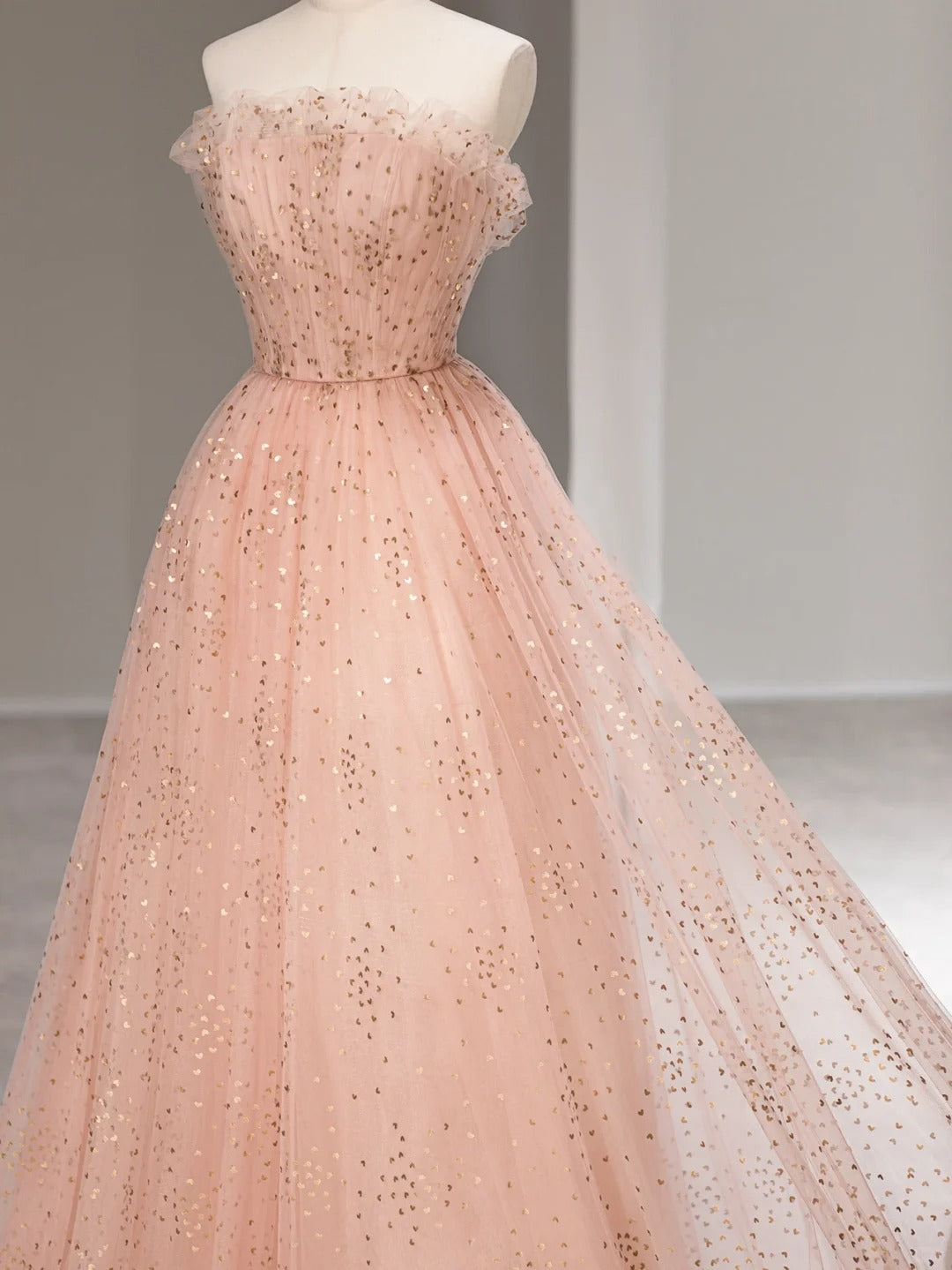 Sweet A line Strapless Pink Tulle Sleeveless Long Prom Dresses Formal Outfits RB3985