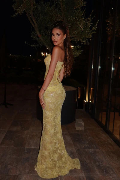 Modest Senior Prom Dresses High Schools Inspiration Mermaid Sweetheart Yellow Lace With Slit Semi Formal Grad Long Prom Dress For Teens AB2109