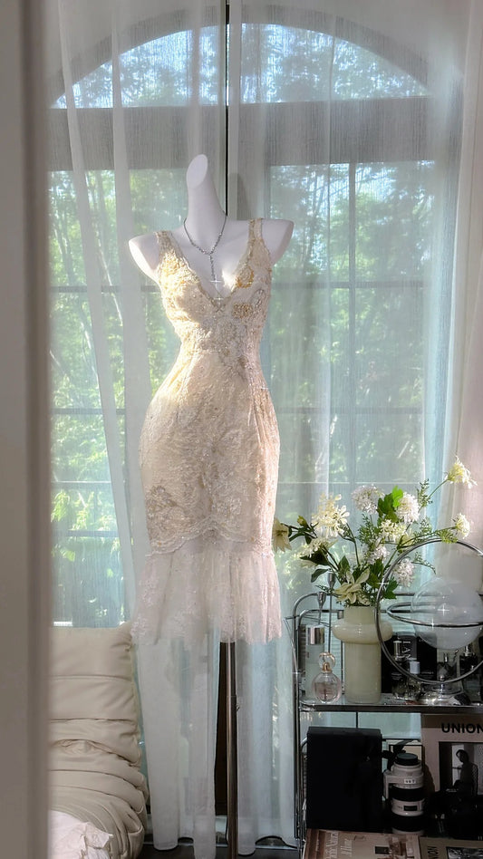 Cute Mermaid V Neck White Lace Knee Length 16th Birthday Dress Homecoming Outfits N3578