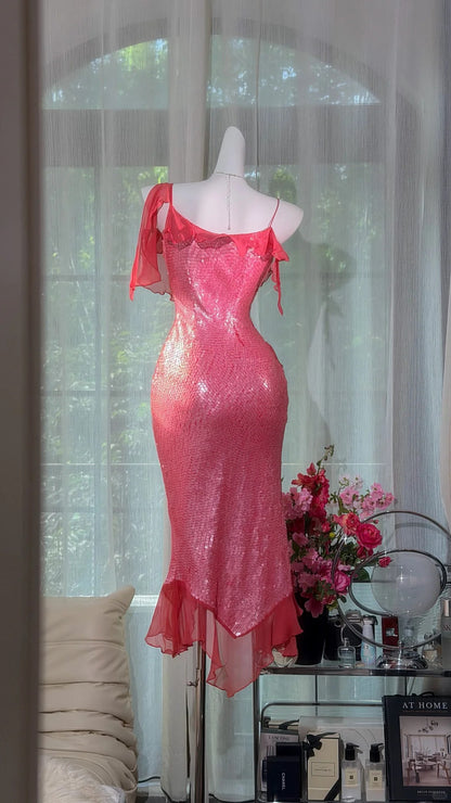 Vintage Mermaid Spaghetti Strap Pink Sequined Tea Length Prom Dress Formal Outfits Party Dresses RB7561