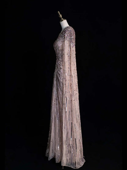 Funkelndes langes A-Linien-Abendkleid mit V-Ausschnitt, rosa Pailletten und Perlenbesatz am Oberteil, formelles Ballkleid N547