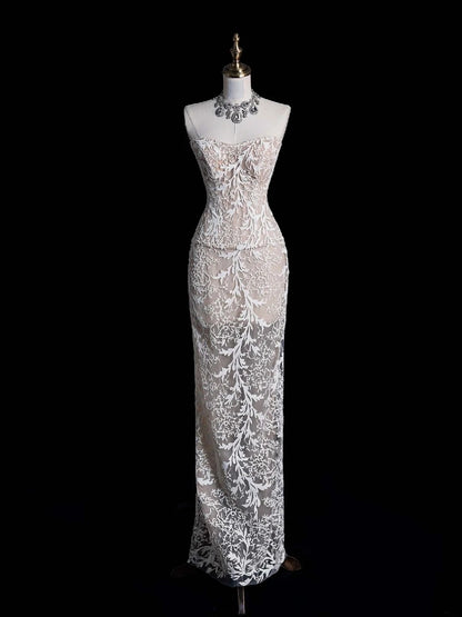 Robe de mariée longue blanche en dentelle, style sirène simple, sans bretelles, robe de mariée féérique d'automne N550