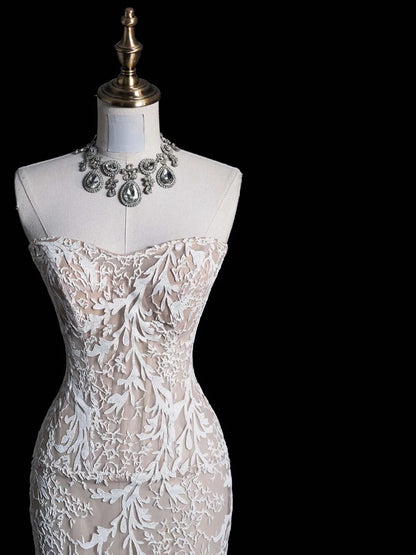Robe de mariée longue blanche en dentelle, style sirène simple, sans bretelles, robe de mariée féérique d'automne N550