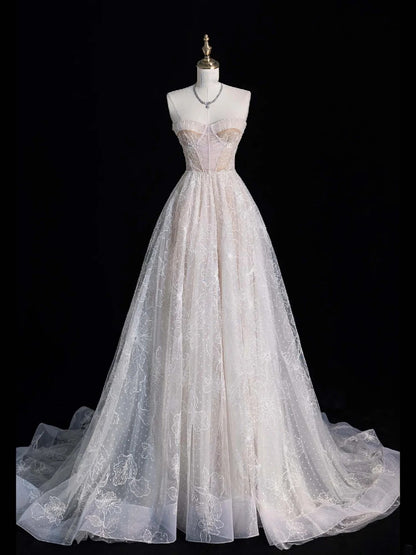 Zeitloses, langes, weißes Brautkleid in A-Linie mit Herzausschnitt, märchenhafter Boho-Stil, N551