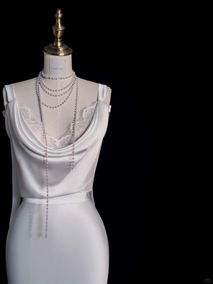 Robe de mariée longue blanche en dentelle, style sirène intemporel, col bénitier, robe de mariée bohème féérique pour la plage ou l'été N552