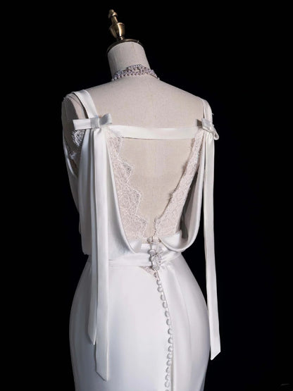 Robe de mariée longue blanche en dentelle, style sirène intemporel, col bénitier, robe de mariée bohème féérique pour la plage ou l'été N552