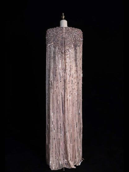 Funkelndes langes A-Linien-Abendkleid mit V-Ausschnitt, rosa Pailletten und Perlenbesatz am Oberteil, formelles Ballkleid N547