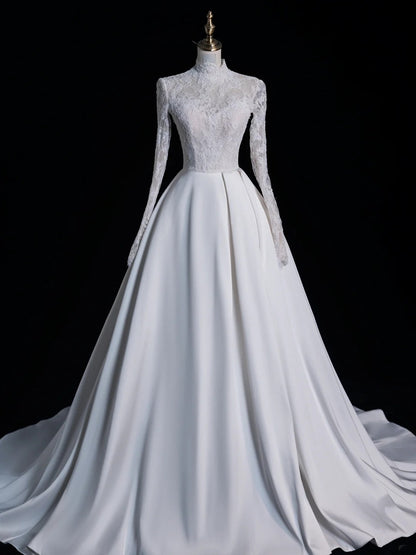 Zeitloses Ballkleid mit hohem Kragen, langen Ärmeln, Spitze, weißem Brautkleid mit offenem Rücken, märchenhaftem Boho-Stil, Strand- und Sommerbrautkleid N553