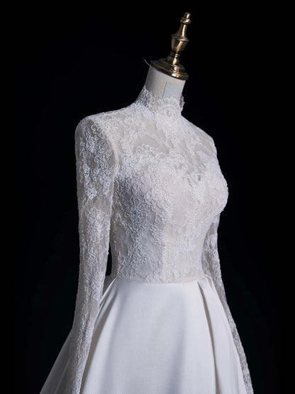 Zeitloses Ballkleid mit hohem Kragen, langen Ärmeln, Spitze, weißem Brautkleid mit offenem Rücken, märchenhaftem Boho-Stil, Strand- und Sommerbrautkleid N553
