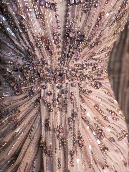 Funkelndes langes A-Linien-Abendkleid mit V-Ausschnitt, rosa Pailletten und Perlenbesatz am Oberteil, formelles Ballkleid N547