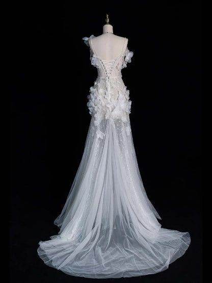 Timeless Mermaid One Shoulder Sequined Flowers White Wedding Dress Fairytale Boho Beach Summer Bridal Dresses N554