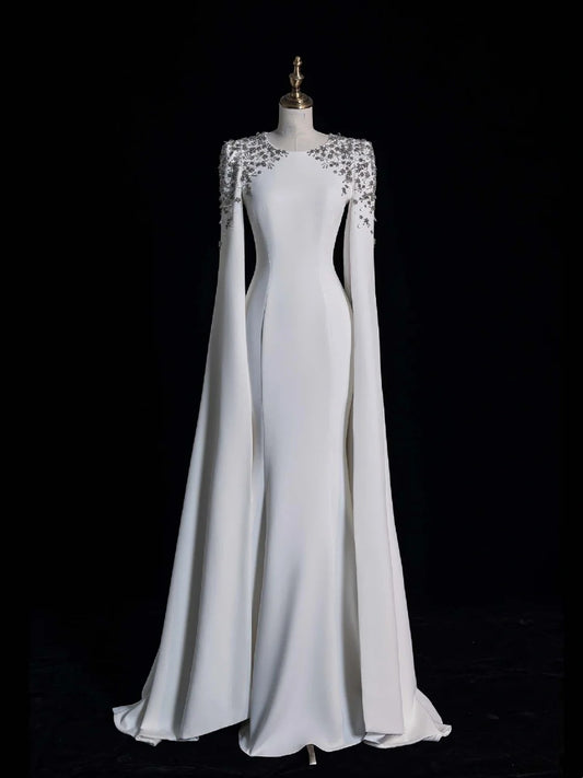 Timeless Mermaid Scoop Neckline Satin With Long Sleeves White Wedding Dress Fairytale Boho Beach Summer Bridal Dresses N555
