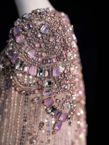 Funkelndes langes A-Linien-Abendkleid mit V-Ausschnitt, rosa Pailletten und Perlenbesatz am Oberteil, formelles Ballkleid N547
