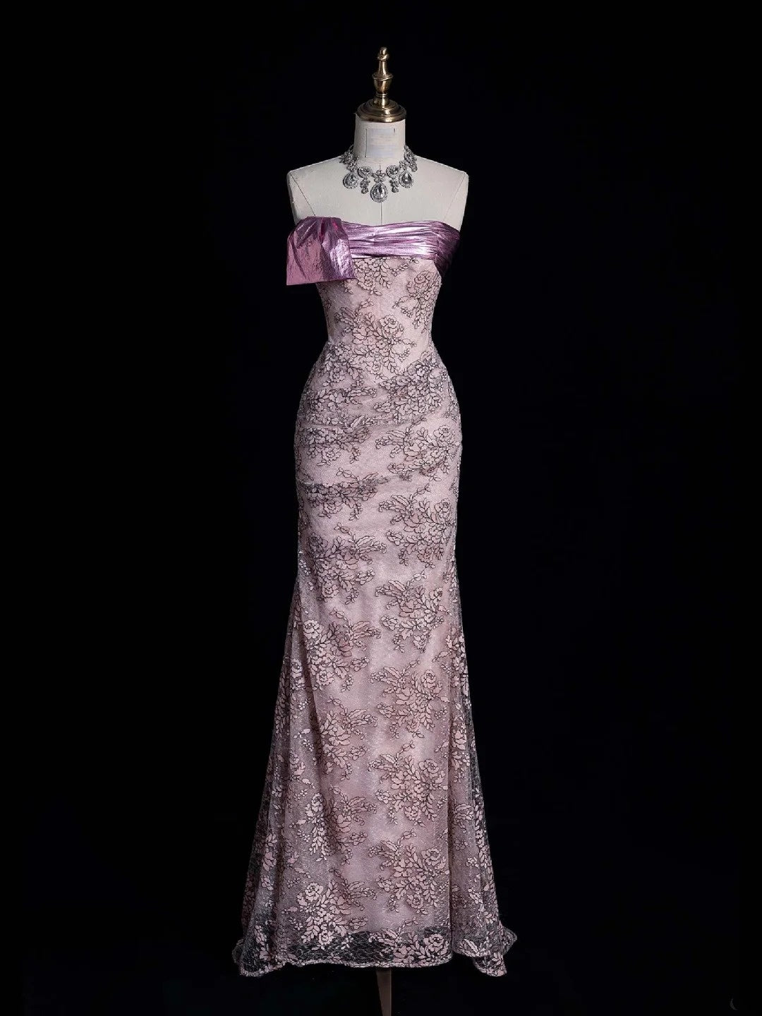 Niedliches, trägerloses, langes Ballkleid aus rosa Spitze, Abendkleid, semi-formelles Kleid N559
