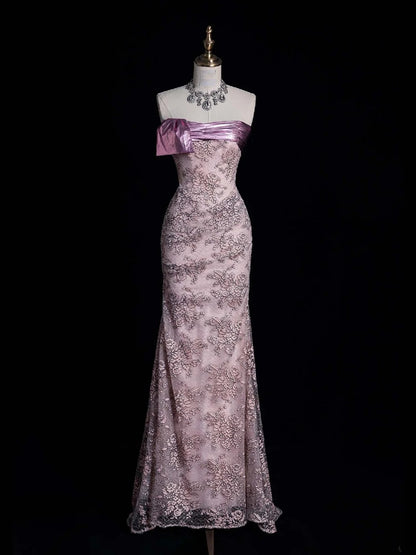 Niedliches, trägerloses, langes Ballkleid aus rosa Spitze, Abendkleid, semi-formelles Kleid N559