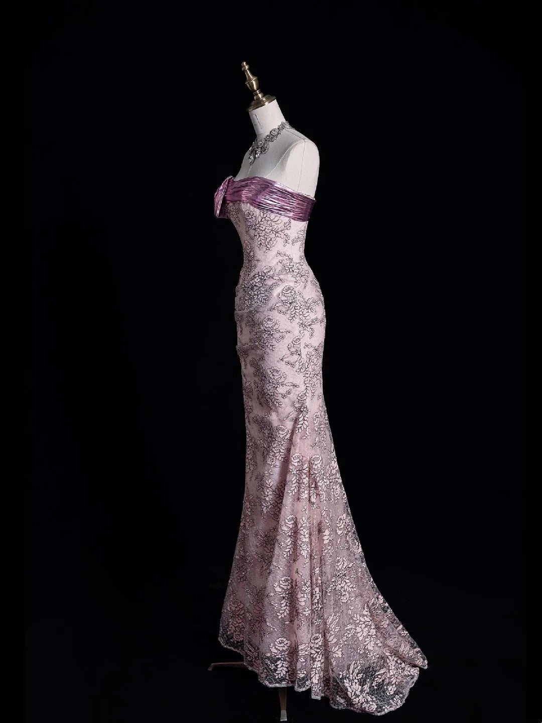 Niedliches, trägerloses, langes Ballkleid aus rosa Spitze, Abendkleid, semi-formelles Kleid N559